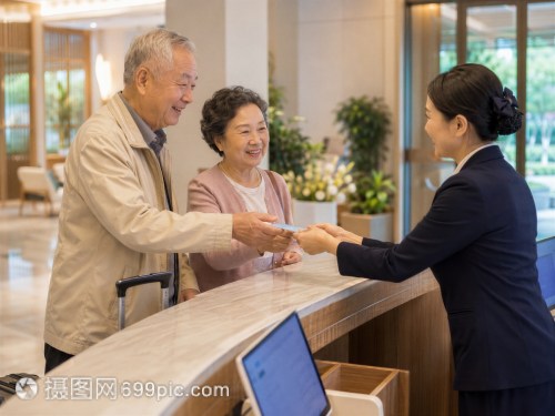 酒店大堂老年客人遞卡片給前臺